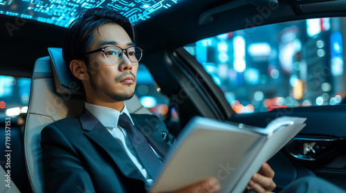Japanese male businessman with an expensive car reads documents in a car that drives on autopilot without human assistance. Autopilot in a car. © Vitalii