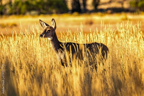 A mule deer doe in tall grass in the early morning near Frenchglen Oregon. photo