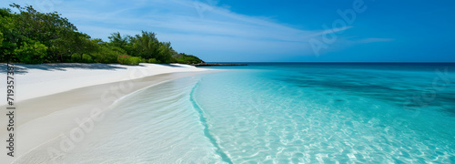Beautiful tropical beach along the coastline, seaside view of sandy beach. blue sky, background wallpaper.