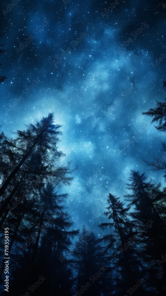 Naklejka premium Night landscape with trees and bright starry sky with galaxies and stars