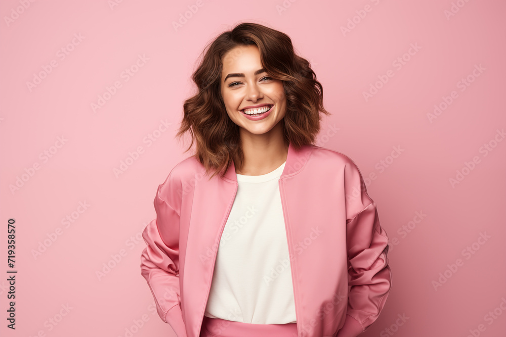 Medium shot of a smiling woman looking at the camera, dressed in pink against a pink background Medium shot of a smiling woman looking at the camera, dressed in pink against a pink background