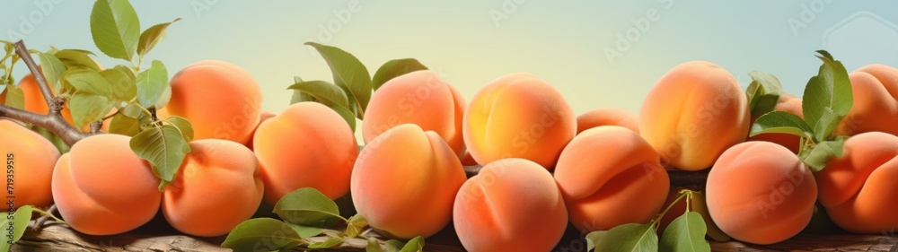 A large number of apricots mixed with green leaves are placed on a wooden table. The background is a blue-green gradient. A large number of apricots mixed with green leaves are placed on a wooden table. The background is a blue-green gradient.