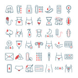 Set of menstruation period icons. Various feminine hygiene products, menstrual protection elements. Tampons, reusable pads, panties, menses emotional mood. Isolated flat vector illustration