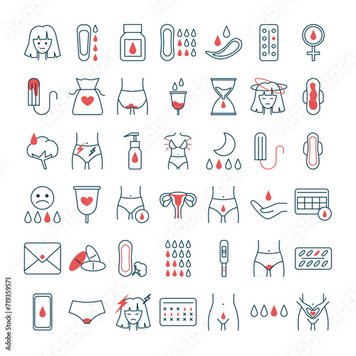 Set of menstruation period icons. Various feminine hygiene products, menstrual protection elements. Tampons, reusable pads, panties, menses emotional mood. Isolated flat vector illustration photo