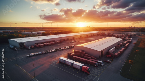 Logistics and transportation of Container Cargo ship and Cargo plane with working crane bridge in shipyard at sunrise, logistic import export and transport industry background