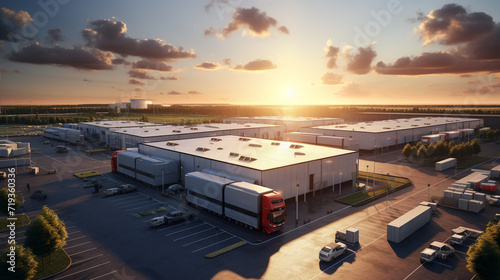 Logistics park with warehouse, loading hub and many semi trucks with cargo trailers standing at the ramps for load unload goods at sunset.