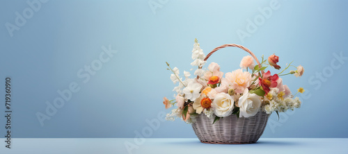 basket of flowers on a blue background. generative ai photo