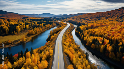 road highway autumn forest. the car is driving on the road