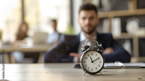 Time is money! Photo of clock and alarm clock indicating the time against the background of businessman in suit. Business concept