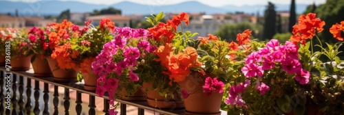 Summer flowers on the balcony or terrace, flowers in pots, home decoration with flowers, banner