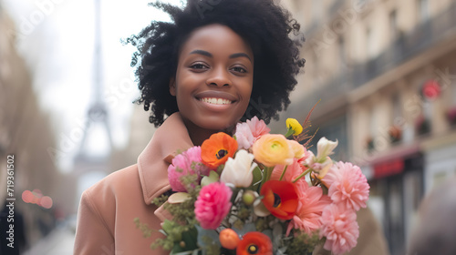 black woman in with a bouquet of spring flowers on the street of Paris