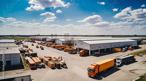 Aerial view of trucks loading in the logistics center