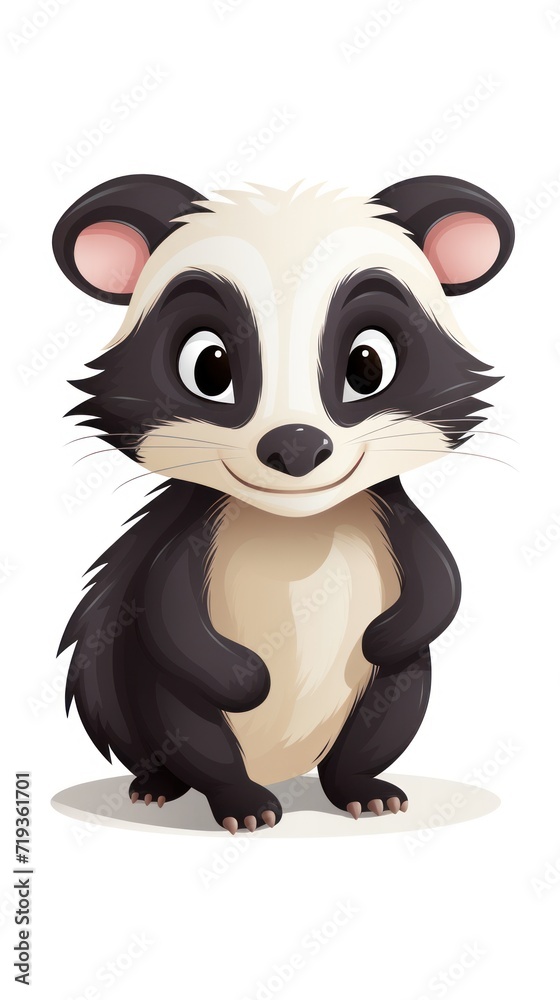 A little badger with black and white fur, pink ears and a black nose. He has big round eyes and smiles.