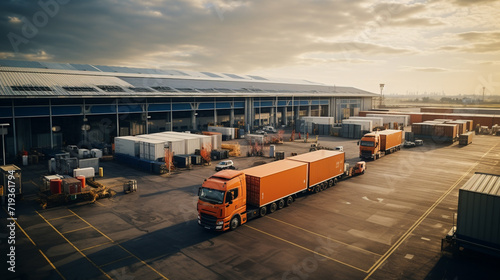 Aerial view of trucks loading in the logistics center