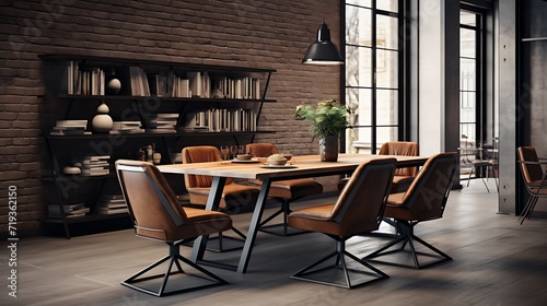 Industrial chic dining area with a metal table and leather chairs