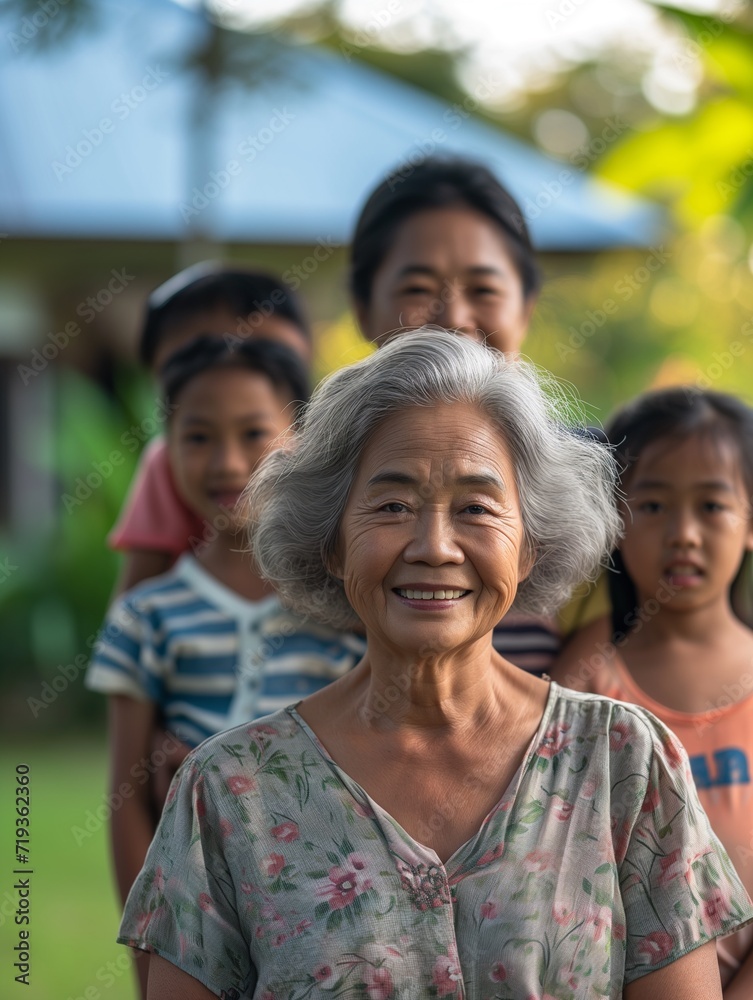 Grandmother with Granddaughters Smiling Together