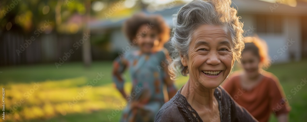 Grandmother with Granddaughters Smiling Together