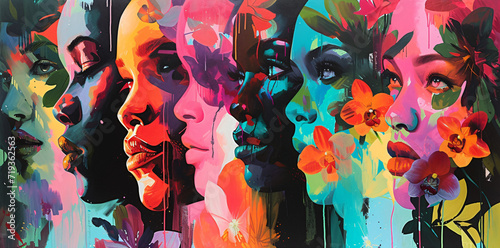 Illustration pop art, bannière, texture ou arrière-plan représentant le féminisme, la journée de la fierté et la communauté LGBT avec des personnes diverses.