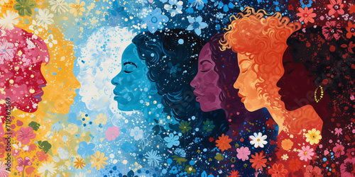 Illustration pop art, bannière, texture ou arrière-plan représentant le féminisme, la journée de la fierté et la communauté LGBT avec des personnes diverses.