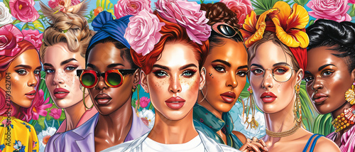 Illustration pop art, bannière, texture ou arrière-plan représentant le féminisme, la journée de la fierté et la communauté LGBT avec des personnes diverses.