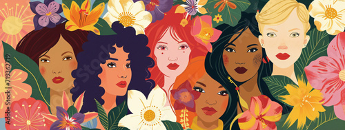 Illustration pop art, bannière, texture ou arrière-plan représentant le féminisme, la journée de la fierté et la communauté LGBT avec des personnes diverses.