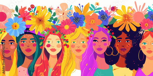 Illustration pop art, bannière, texture ou arrière-plan représentant le féminisme, la journée de la fierté et la communauté LGBT avec des personnes diverses.