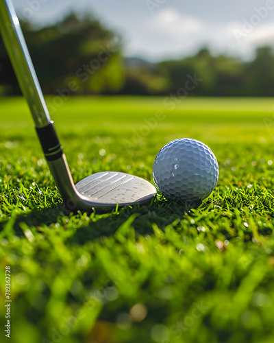 Close up of golf club and golf ball on green golf grass field.