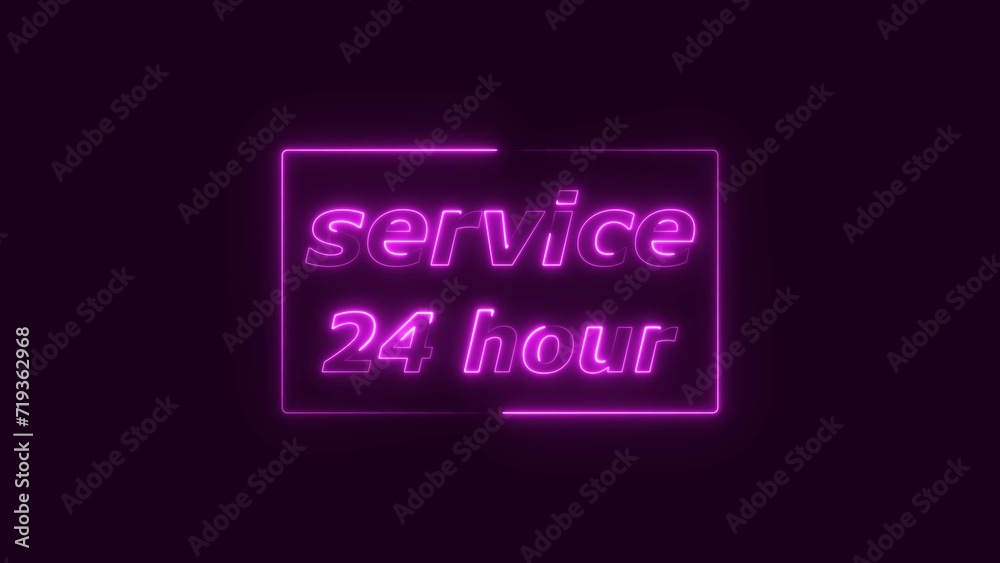 Magenta color service 24 hour neon light neon glowing magenta color rectangle on the black background 4k illustration. Magenta color service 24 hour neon light neon glowing magenta color rectangle on the black background 4k illustration.