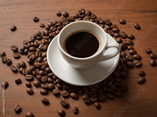 A coffee cup and coffee beans scattered around