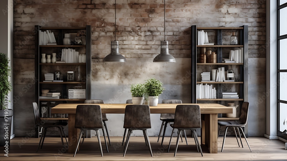Industrial chic dining area with metal chairs and a reclaimed wood table
