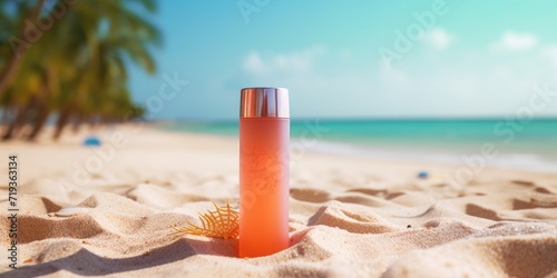 Product displayed on sand floor of bright, blurred summer beach background.
