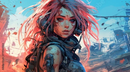 A woman with pink hair and a damaged arm, wearing headphones and a bulletproof vest. She is standing in a war-torn city with ruins and debris all around her.