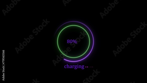 Charging icon magenta color circle loading bar illustration. Black background glowing neon light circle green 4k illustration.