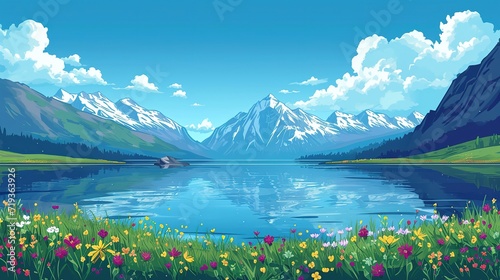 A breathtaking view of a pristine mountain lake surrounded by blooming wildflowers and snow-capped peaks under a clear blue sky.