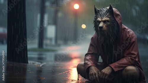 Sad werewolf in the rain