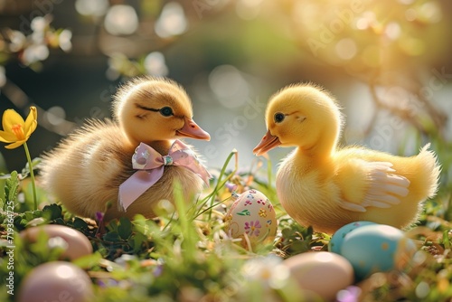 Two cute male and female ducklings baby duck sitting on grass among painted eggs and spring blooming garden. Happy Easter holiday concept