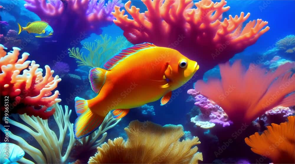 coral reef and fish under deep blue water. coral reef and fish under deep blue water.