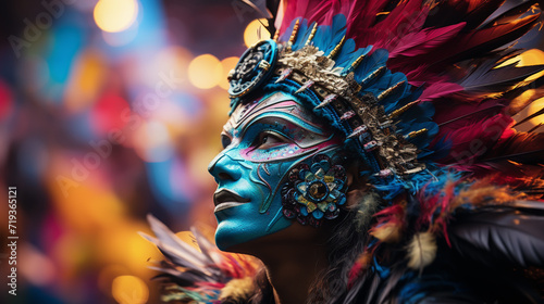 portrait of a sexy female in a colorful sumptuous carnival feather suit.