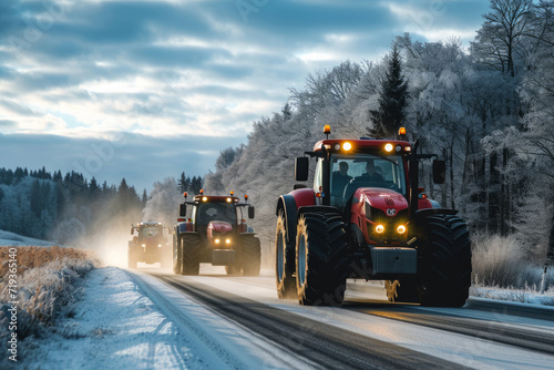 Row of tractors drives along the road, surrounded by snow-covered fields. Agricultural workers go to protest rally against tax increases, changes in law, abolition of benefits © vejaa