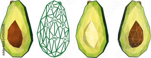 Avocado set. Avocado icons set. Bright green whole  vegetables, half, slices, with a large seed. Low poly style