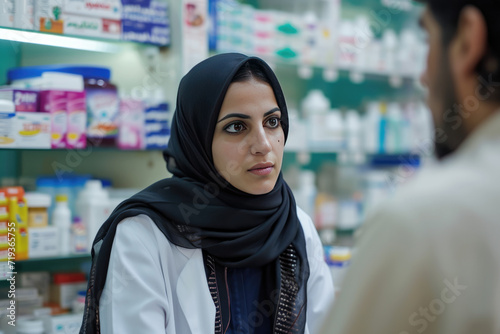 Farmacéutica musulmana con la cabeza cubierta con un hiyab atendiendo a un paciente o cliente en una farmacia. photo
