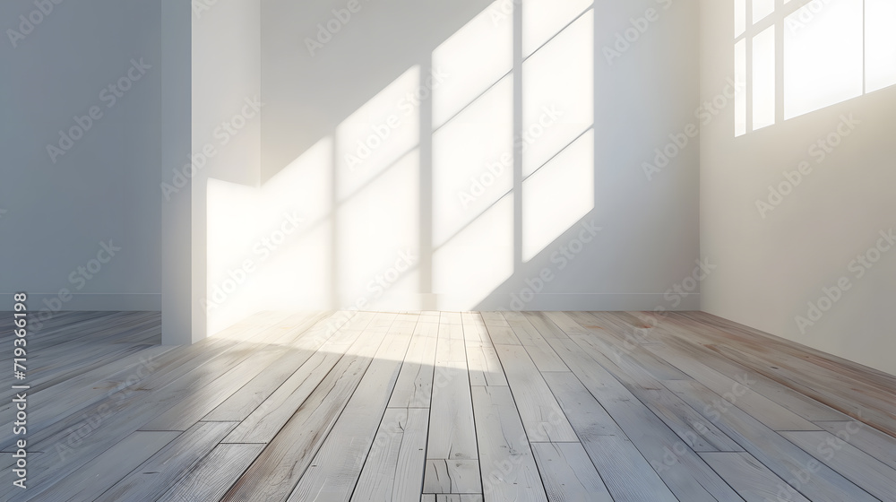 Empty room with white walls and large windows and wooden floor. Lots of sunshine Empty room with white walls and large windows and wooden floor. Lots of sunshine