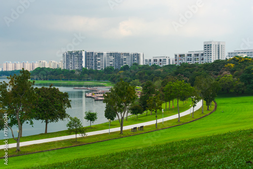 Fototapeta Naklejka Na Ścianę i Meble -  View of the city from Bedok reservoir