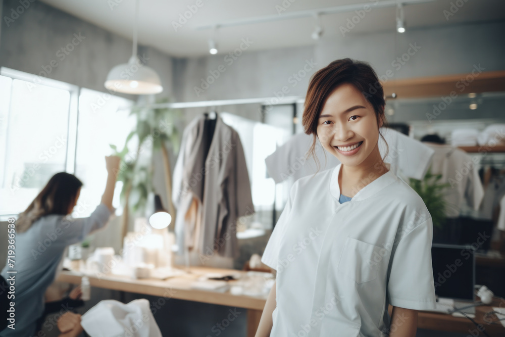 A cheerful healthcare worker with a bright smile stands in a modern clinic setting.