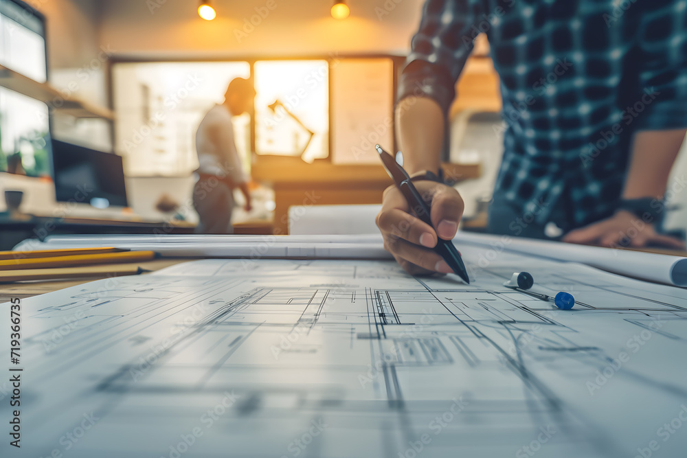 Close-up photo of architect with pen in hand, working on plan and drawing of building. Construction business concept - obrazy, fototapety, plakaty 
