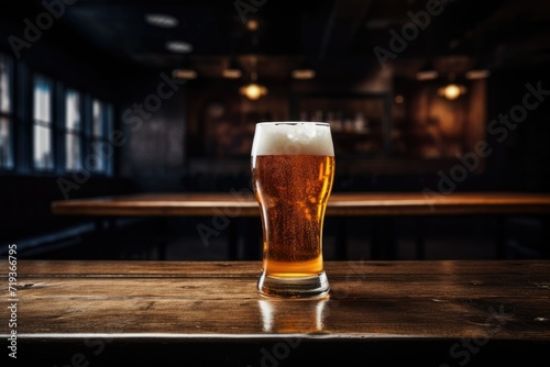 A glass of beer on a wooden table at night, A glass of beer on a Wooden table, backdrop bar beverages blurred view table wooden background beer counter,  Ai generated