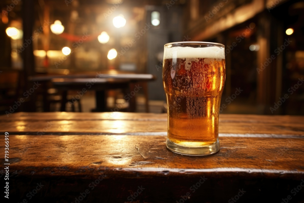 Close-up of a freshly poured glass of light beer with foam on a bar counter or wooden table, A glass of beer on a wooden table at night, A glass of beer on a Wooden table. Ai generated