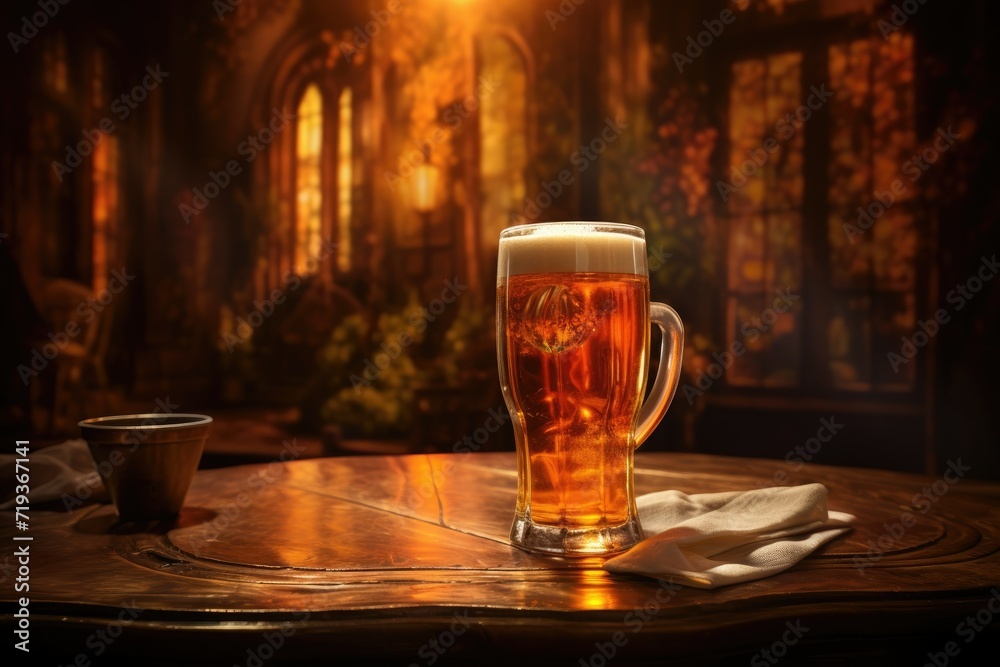 A glass of beer on a wooden table at night, A glass of beer on a Wooden table. Ai generated