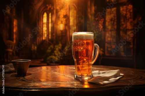 A glass of beer on a wooden table at night  A glass of beer on a Wooden table. Ai generated