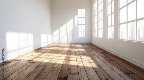 Empty room with white walls and large windows and wooden floor. Lots of sunshine